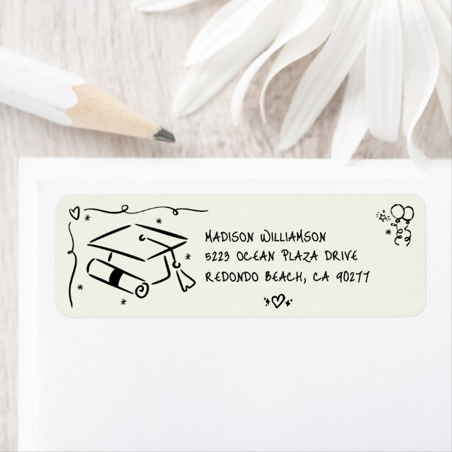 Black Hand Drawn Doodle Graduate Cap Cream Address Label (Insitu)