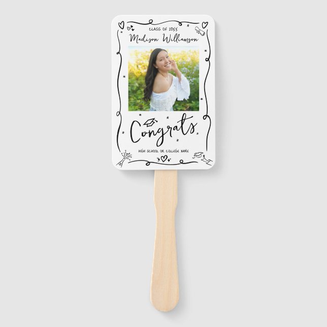Black Hand Drawn Doodle Graduation 2 Photo White Hand Fan (Front)