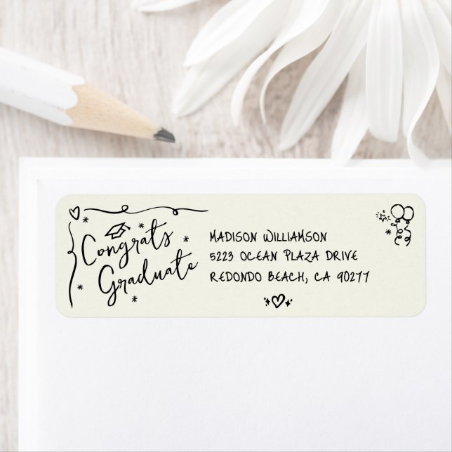 Black Hand Drawn Doodle Graduation Cream Address Label (Insitu)
