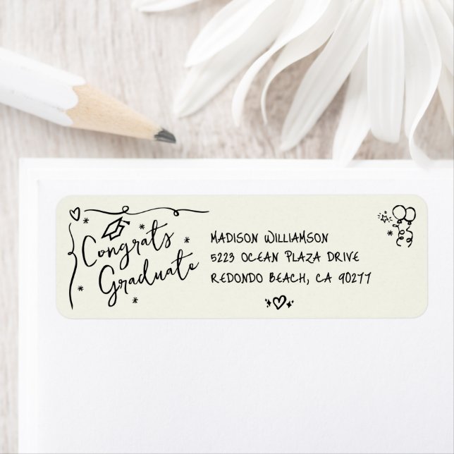 Black Hand Drawn Doodle Graduation Cream Address Label (Insitu)