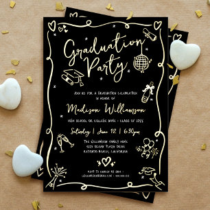 Black Hand Drawn Doodle Graduation Party Real Gold Foil Invitation