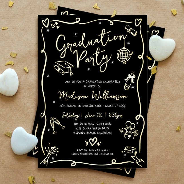 Black Hand Drawn Doodle Graduation Party Real Gold Foil Invitation (Creator Uploaded)