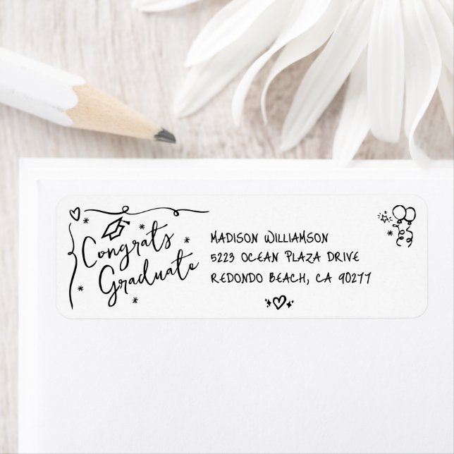 Black Hand Drawn Doodle Graduation White Address Label (Insitu)