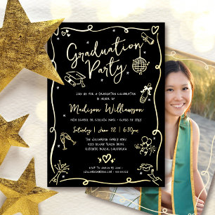 Black Hand Drawn Doodle Photo Grad Party Real Gold Foil Invitation