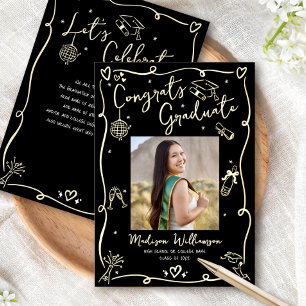 Black Hand Drawn Doodles Graduate Photo Real Gold Foil Invitation