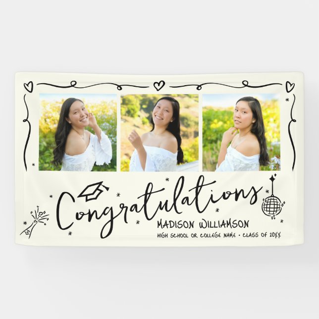Black Hand Drawn Doodles Graduation 3 Photo Cream Banner (Horizontal)