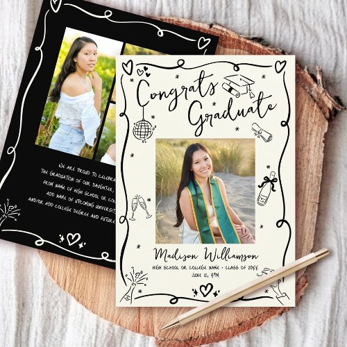 Black Hand Drawn Doodles Graduation 4 Photo Cream