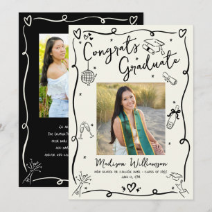 Black Hand Drawn Doodles Graduation 5 Photo Cream Announcement