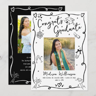 Black Hand Drawn Doodles Graduation 5 Photo White Announcement