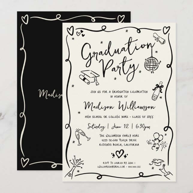 Black Hand Drawn Doodles Graduation Party Cream Invitation (Front/Back)