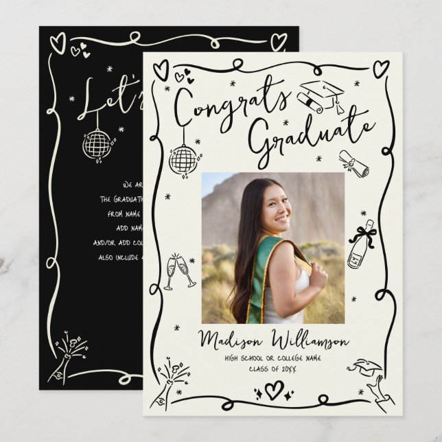Black Hand Drawn Doodles Graduation Photo Cream Announcement (Front/Back)
