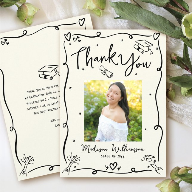 Black Hand Drawn Doodles Photo Graduation Cream Thank You Card (Creator Uploaded)