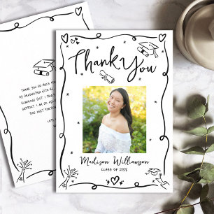 Black Hand Drawn Doodles Photo Graduation White Thank You Card