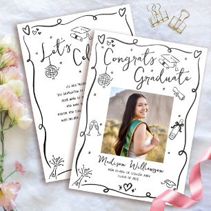 Black Hand Drawn Doodles White Congrats Graduate Letterpress Photo Cards