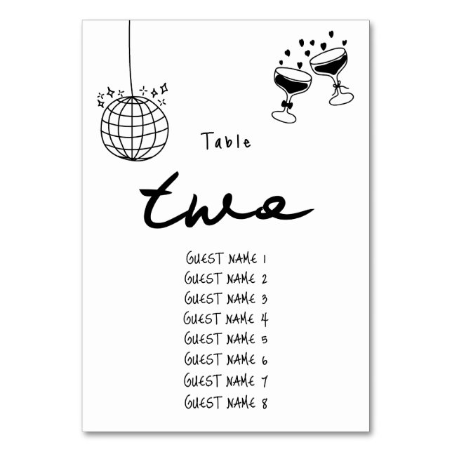Black Hand Drawn Illustrations Doodles Wedding Table Number (Front)
