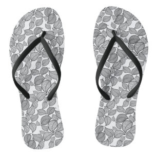 Black Hand-Drawn Leaves on White Flip Flops