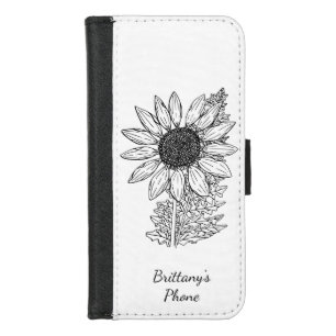 Black Hand Drawn Sunflower iPhone Wallet Case