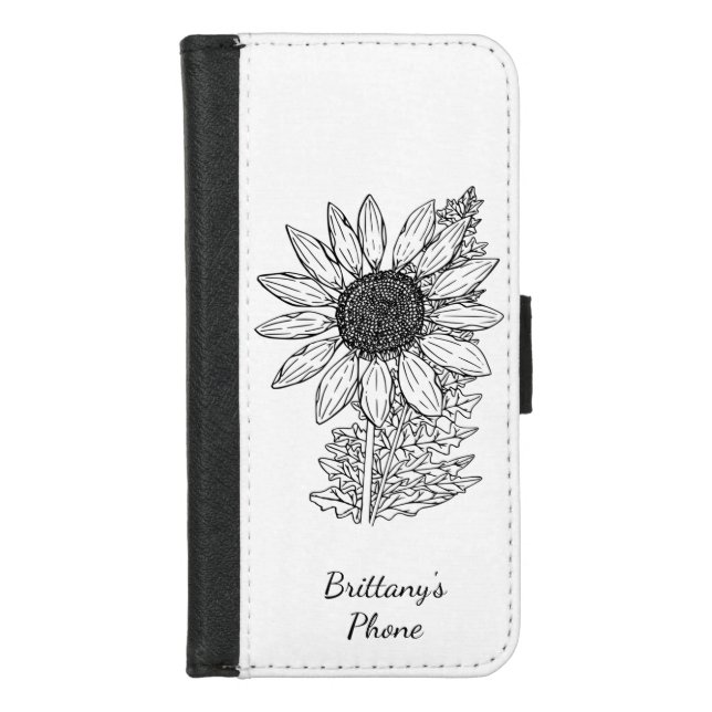 Black Hand Drawn Sunflower iPhone Wallet Case (Front)