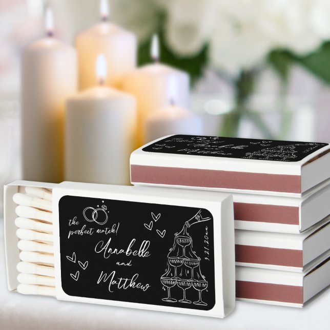 Black Hand Drawn Wedding Matches (Perfect Match Hand Drawn Wedding Matchbox Favors)