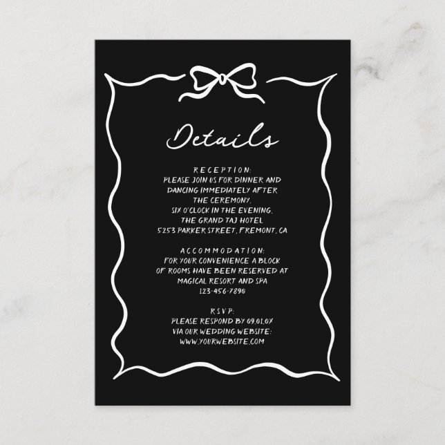 Black Hand Drawn White Bow Wedding Details Enclosure Card (Front)