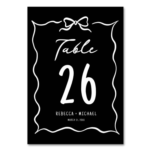 Black Hand Drawn White Bow Wedding Table Number (Front)