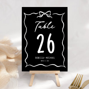 Black Hand Drawn White Bow Wedding Table Number