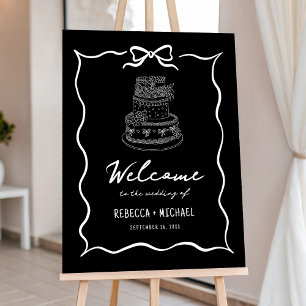 Black Hand Drawn White Bow Wedding Welcome Sign