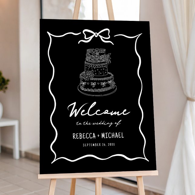 Black Hand Drawn White Bow Wedding Welcome Sign (Creator Uploaded)