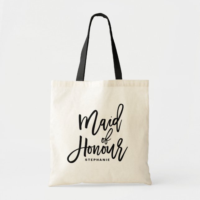Black Hand Lettering Maid of Honor Tote Bag (Front)