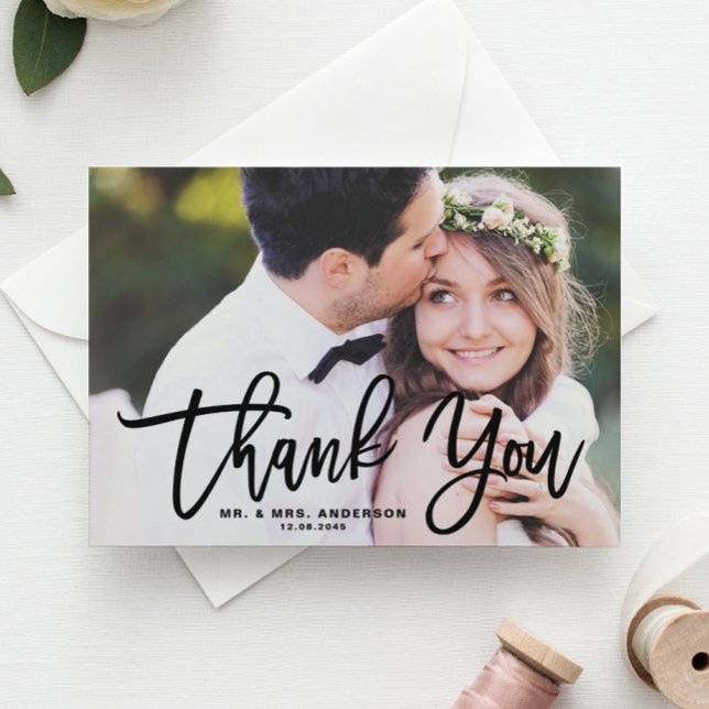 Black Hand Lettering Modern Photo Wedding Thank You Card (Creator Uploaded)
