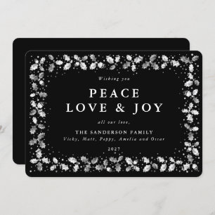 Black Hand Printed Holly Peace Love + Joy Holiday Card