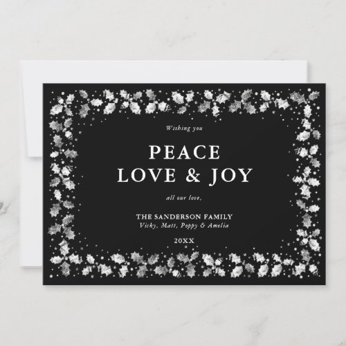 Black Hand Printed Holly Peace Love  Joy Holiday Card