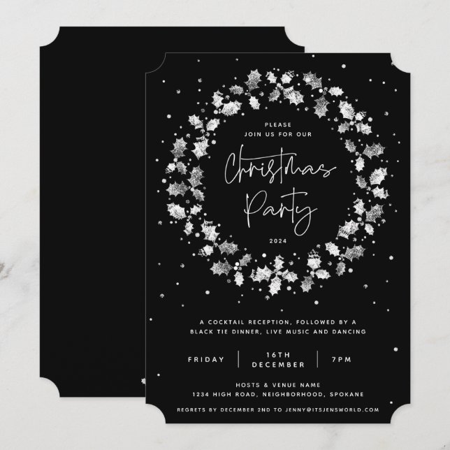 Black Hand Printed Holly Wreath Christmas Party Invitation (Front/Back)