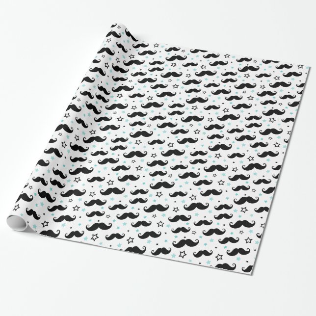 Black handlebar mustache and aqua stars little man wrapping paper (Unrolled)