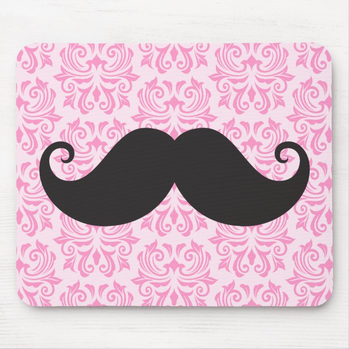 Black handlebar mustache on pink damask pattern mouse pad