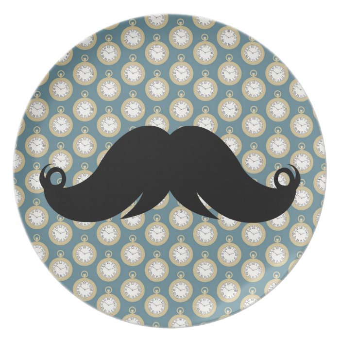 Black Handlebar Mustache on Watch Background Dinner Plates