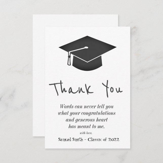 Black Handwriting Cap and Tassel Graduation   Thank You Card (Front/Back)