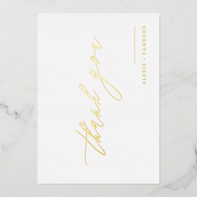 Black Handwritten Calligraphy Wedding Thank You Foil Holiday Card (Front)