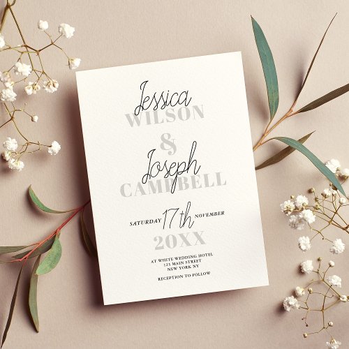 Black handwritten script modern typography wedding invitation