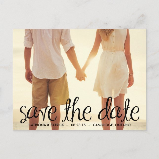 Black Handwritten Script Save the Date Postcard (Front)