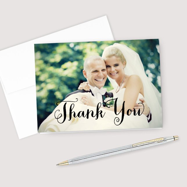 Black Handwritten Script Wedding Photo Thank You Card (Creator Uploaded)