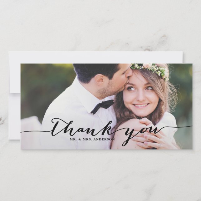 Black Handwritten Script Wedding Thank You Photo (Front)