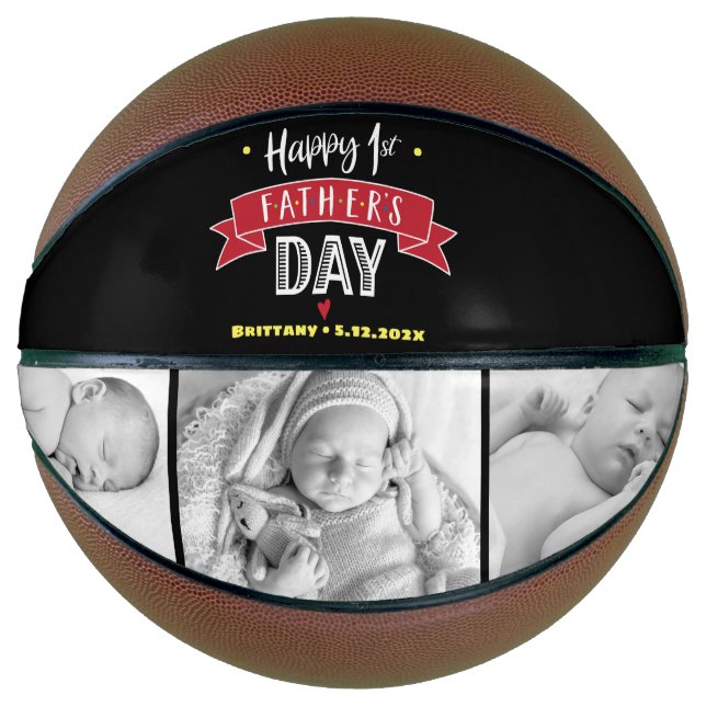 Black Happy 1st Father’s Day 3 Photo Red Banner Basketball (Front)