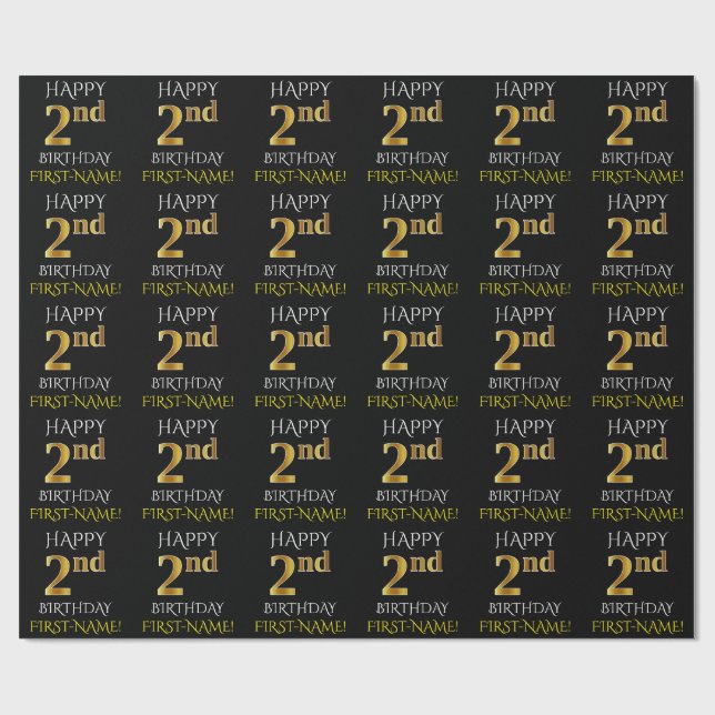 Black, "HAPPY 2nd BIRTHDAY" Wrapping Paper (Flat)