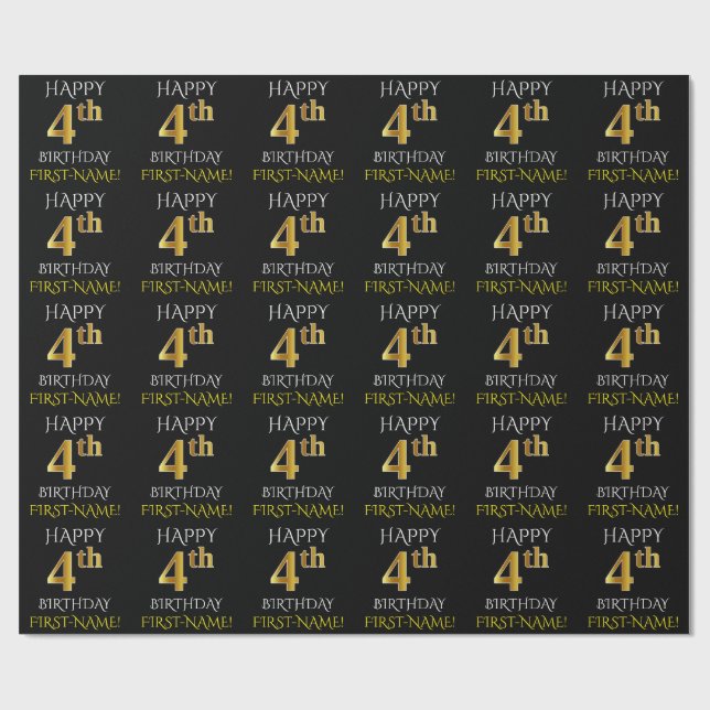 Black, "HAPPY 4th BIRTHDAY" Wrapping Paper (Flat)