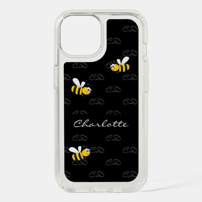 Black happy bees summer fun humor monogram speck iPhone case (Front)
