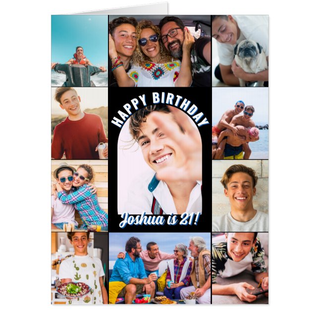 Black Happy Birthday Arch 12 Photo Collage Big Card (Front)