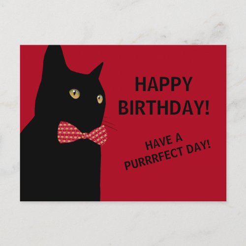 Black Happy Birthday Cat with a Red Bow Tie Postcard