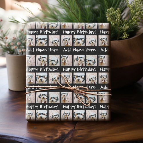 Black Happy Birthday Name 6 Square Photo Collage Wrapping Paper