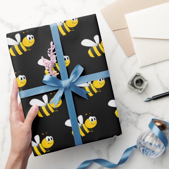 Black happy bumble bees cute fun wrapping paper (Gifting)